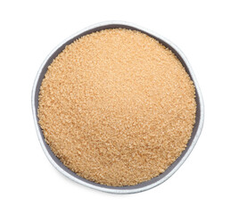 Brown sugar in bowl isolated on white, top view