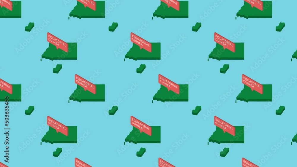 Poster green isometric maps of african country equatorial guinea with orange pointers on a blue background.