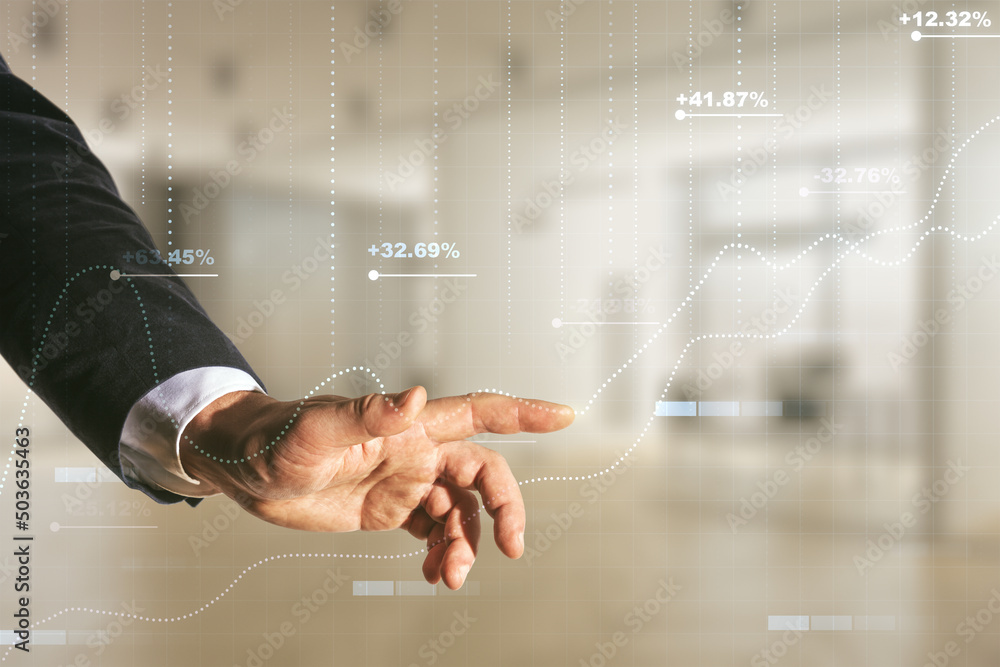 Poster double exposure of male hand working with abstract creative statistics data hologram on blurred offi