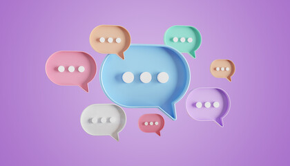 Minimalist blue red orange green purple speech bubbles talk icons floating over purple background. Modern conversation or social media messages with shadow. 3D rendering