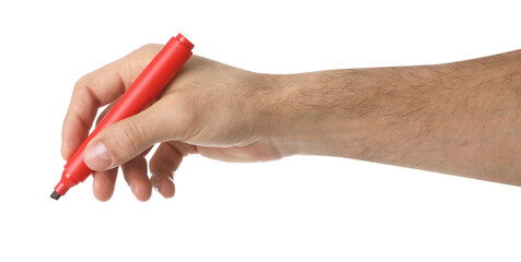 Man holding red marker on white background, closeup