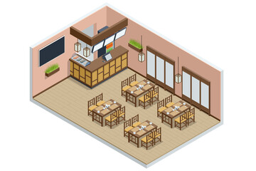 Isometric Fast Food Court Sushi, Japan fast food restaurant. Restaurant Interior, Catering, Shopping Mall