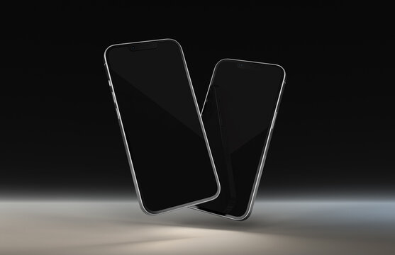 PARIS - France - April 28, 2022: Newly released Apple Smartphone Iphone 13 pro max realistic 3d rendering - Silver color front screen mockup - Two smartphones floating on dark background