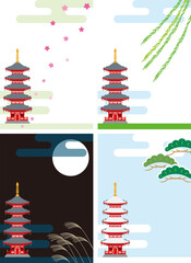 日本の四季、春夏秋冬と五重塔がある風景イラスト