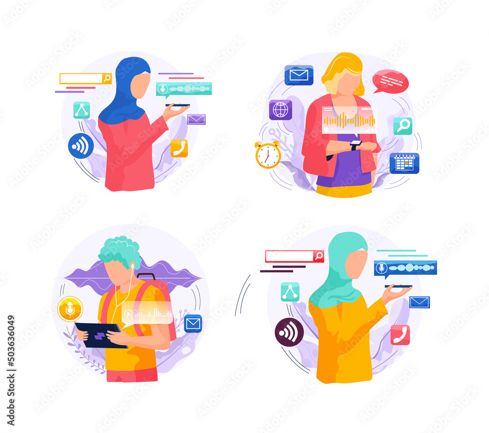 Poster voice assistant. smart speaker virtual assistant, sound robot, people using voice controlled smart s