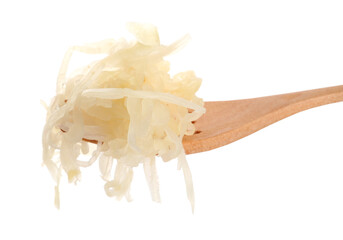 Fork with tasty sauerkraut on white background