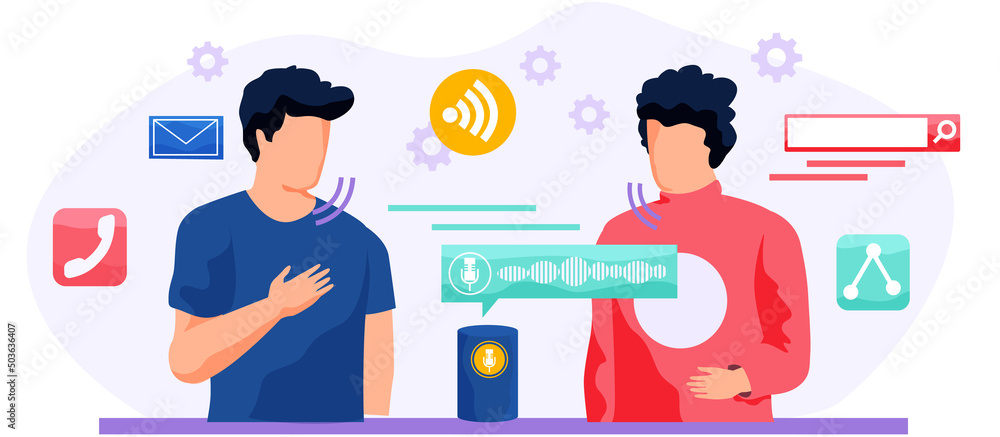 Poster voice assistant. smart speaker virtual assistant, sound robot, people using voice controlled smart s