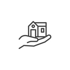 Hand holding house line icon