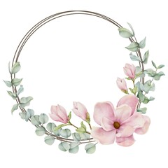 Watercolor Wreath Magnolia and Eucalyptus Leaf on white background illustration