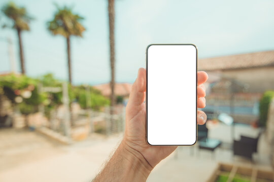 Summer vacation holiday and mobile smart phone with blank mockup screen