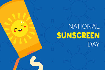 National Sunscreen Day vector greeting card, cartoon style illustration with cute cartoon style sunscreen tube. May 27.
