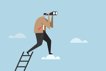 Conceptual illustration of a business man high up in the clouds looking through a binocular