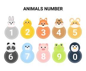 Circle number stickers icon with colors from "0" to "9" illustration set. Kindergarten, daycare, paper, animal, name, cute. Vector drawing. Hand drawn style.