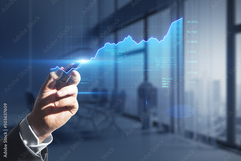 Poster analytics and investing concept with businessman hand touching virtual screen with stock market grow