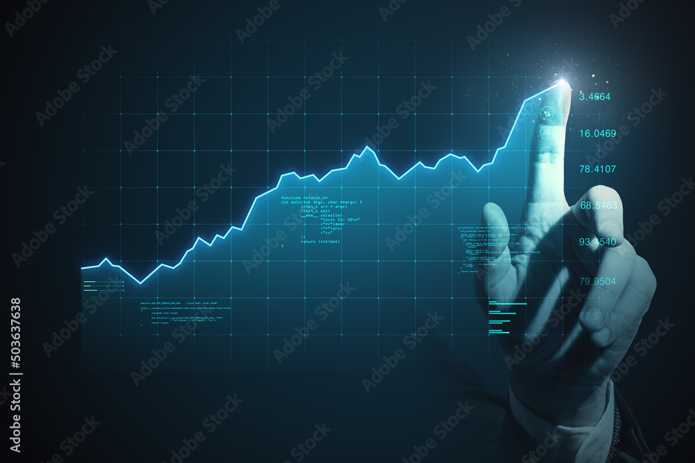 Poster forex market growth and business investing concept with man finger on digital touch screen with trad