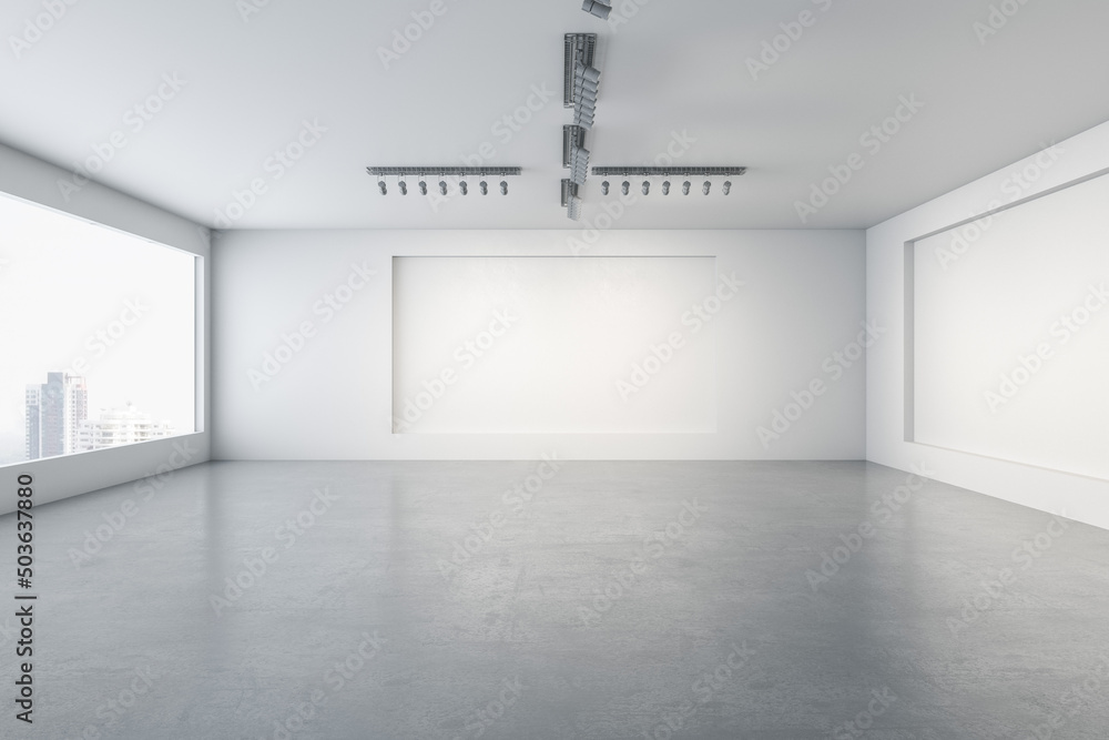 Poster simple empty concrete gallery interior with window and city view, mock up place on walls and dayligh