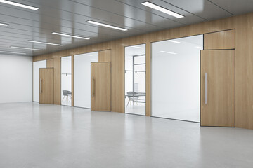 Bright wooden and concrete office hallway interior with windows, city view, furniture, glass...
