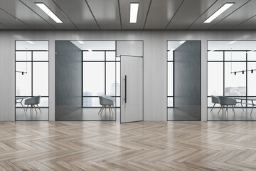 Light wooden and concrete office hallway interior with windows, city view, furniture, glass partition and daylight. 3D Rendering.