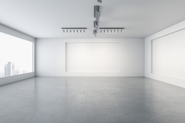 SImple empty concrete gallery interior with window and city view, mock up place on walls and daylight. Museum concept. 3D Rendering. - obrazy, fototapety, plakaty