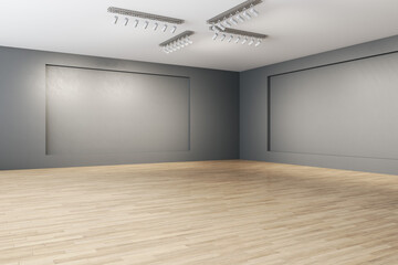 Simple empty concrete gallery interior with wooden flooring, mock up place on walls and daylight. Museum concept. 3D Rendering. - obrazy, fototapety, plakaty