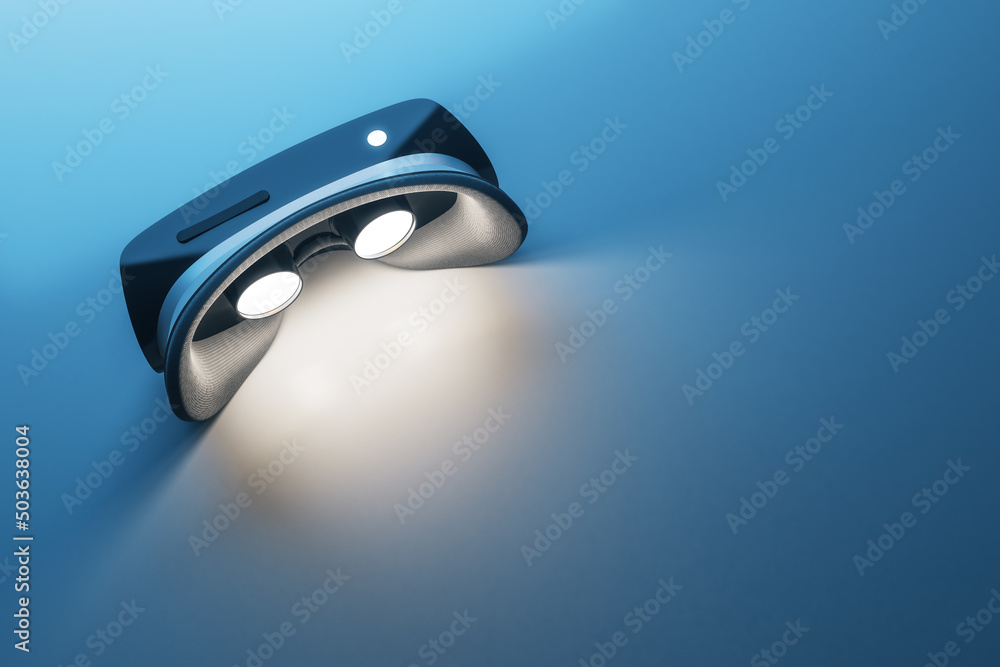 Poster virtual reality concept with glow inside black vr helmet on abstract blue background. 3d rendering