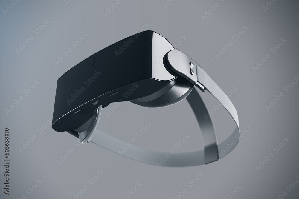 Poster Bottom view on modern black VR helmet with on abstract dark background, virtual reality concept. 3D rendering