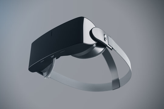 Bottom view on modern black VR helmet with on abstract dark background, virtual reality concept. 3D rendering