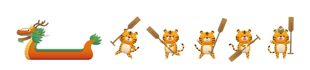 Elements of Chinese Dragon Boat Festival, 5 cute tiger mascot characters rowing race and dragon boat