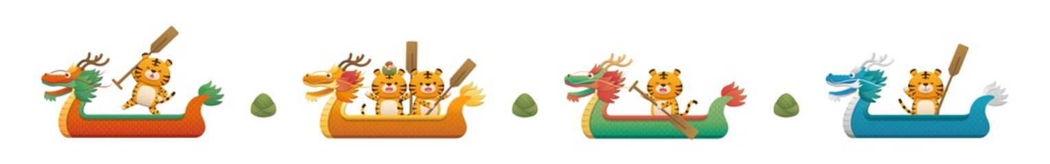 Elements of Chinese Dragon Boat Festival, cute tiger mascot character rowing race with dragon boat and zongzi