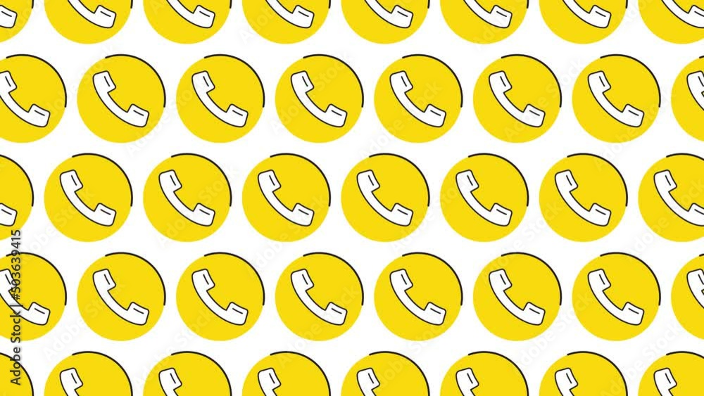 Aufkleber handset icon in yellow circle with black dynamic line pattern on a white background. seamless loop d