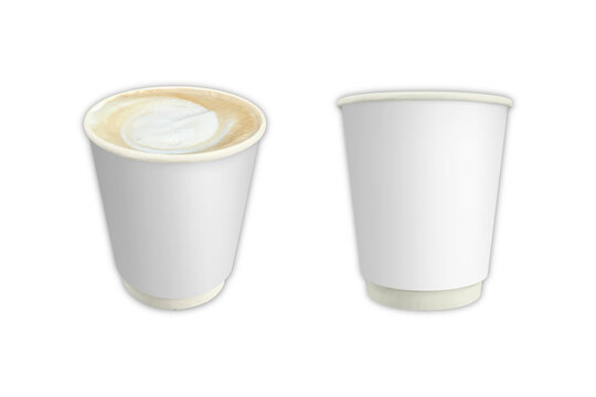 Blank Coffee cardboard cup mockup isolated on white background. front and top view. coffee with milk, cappuccino, latte, Raf coffee, 3d rendering.