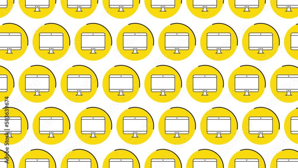 Aufkleber desktop icon in yellow circle with black dynamic line pattern on a white background. seamless loop d