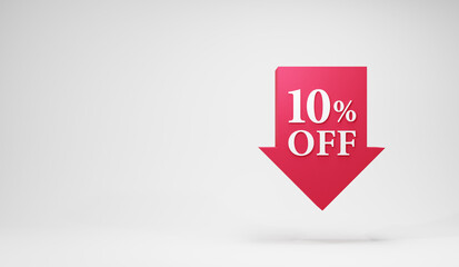 白い背景に10%OFFと書かれた赤い下矢印の図形。値下げのイメージ画像。