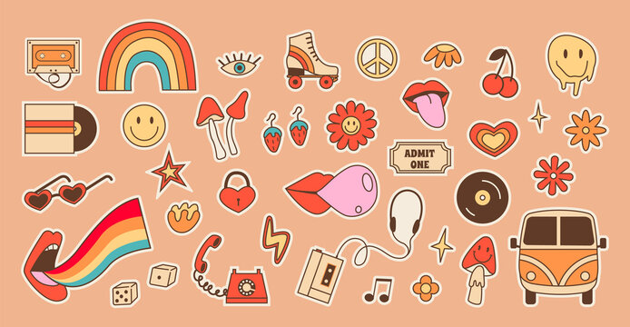 Big retro set of stickers with hippie culture elements. Positive psychedelic outline colored icons in 70s 80s style. Old fashioned vintage objects and signs. Vector illustration isolated on background
