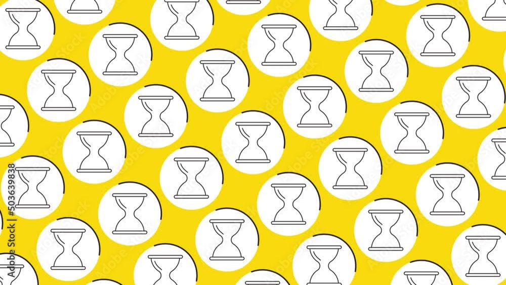 Aufkleber hourglass icon in white circle with black dynamic line pattern on a yellow background. seamless loop
