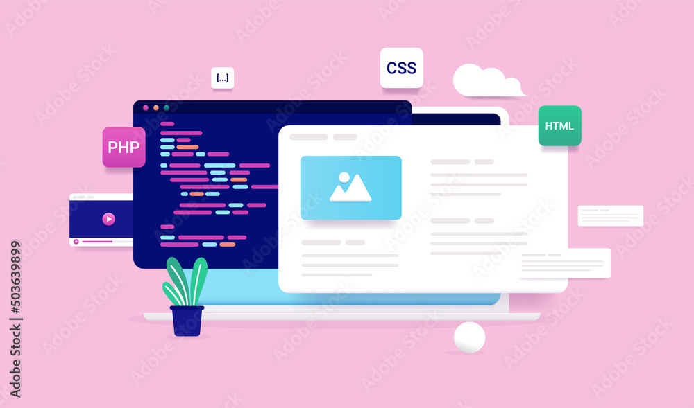 Fototapete Web development vector illustration with laptop computer screen, abstract code and programming design elements