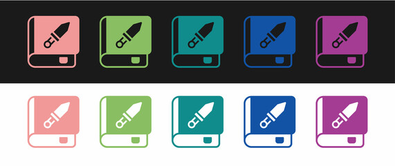 Set Book about weapon icon isolated on black and white background. Small firearm. Weapon catalog. Vector