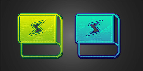 Green and blue Book about electricity icon isolated on black background. Vector