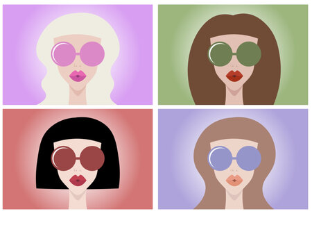 Set of four girls with sunglasses. Women with different hairstyles. Vector illustration. Blond and brunette women. Different color glasses. Fashion concept. Full lips. Glamour concept. 