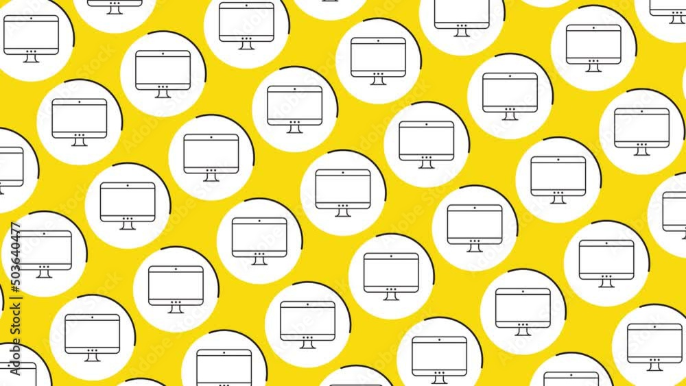 Aufkleber monitor icon in white circle with black dynamic line pattern on a yellow background. seamless loop d