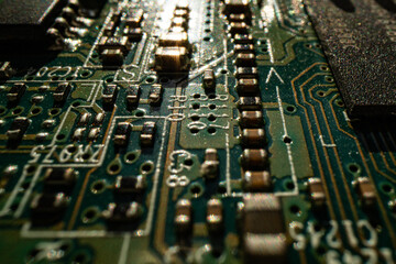 Circuit board background. Electronic circuit board texture. Computer technology, digital chip, electronic pattern. Tech texture. Technology system with digital data.