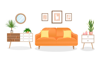 Modern living room interior with furniture and home plants. Design of a cozy room with a sofa, plants and decor items. Vector flat style illustration. lounge room.