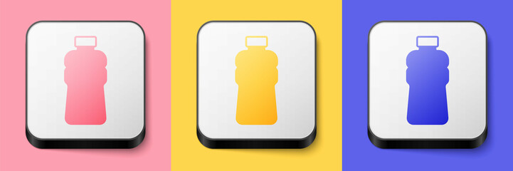 Isometric Bottle of water icon isolated on pink, yellow and blue background. Soda aqua drink sign. Square button. Vector