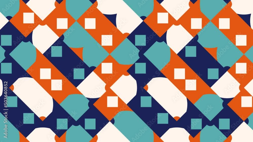 Poster abstract dynamic pattern with multicolor geometric elements. seamless loop background in a flat desi