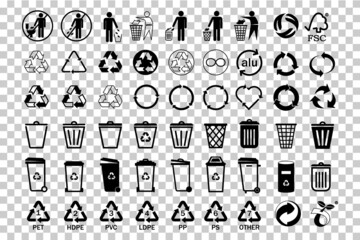 Set recycle icons sign.Recycling.Trash can icon.Black icons for packaging , recycling,ecology, eco friendly, environmental management symbols isolated on transparent background