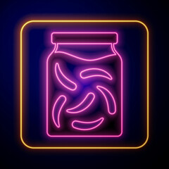 Glowing neon Pickled cucumbers in a jar icon isolated on black background. Vector