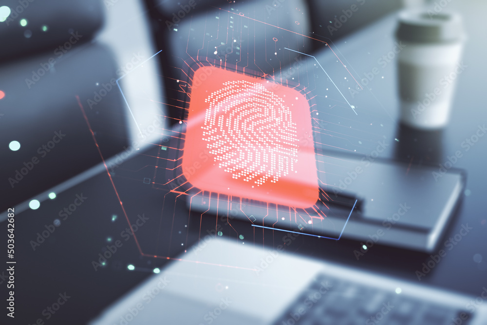 Poster multi exposure of abstract fingerprint scan interface on computer background, digital access concept