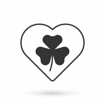 Grey Heart with clover trefoil leaf icon isolated on white background. Happy Saint Patricks day. National Irish holiday. Vector