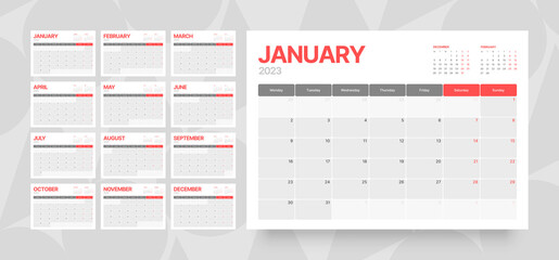 Monthly calendar template for 2023 year. Week Starts on Monday. Desk calendar in a minimalist style.  - obrazy, fototapety, plakaty