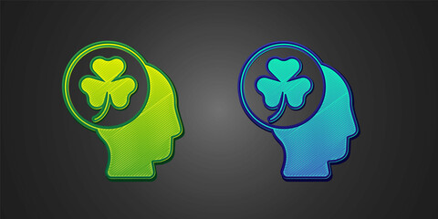 Fototapeta na wymiar Green and blue Human head with clover trefoil leaf icon isolated on black background. Happy Saint Patricks day. National Irish holiday. Vector